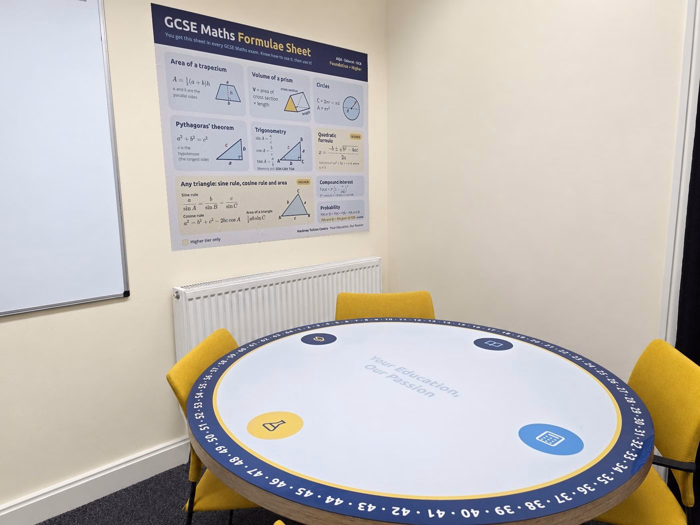 GCSE study corner with Maths formula poster at Hackney Tuition Centre